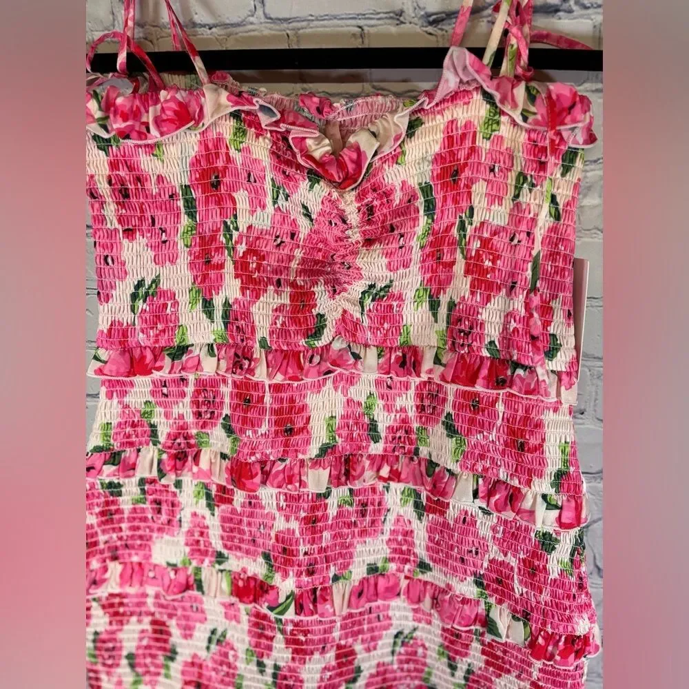 NWT Show Me Your MuMu Stella Smocked Pink Floral Soiree Wedding Midi Dress XL - Picture 4 of 12